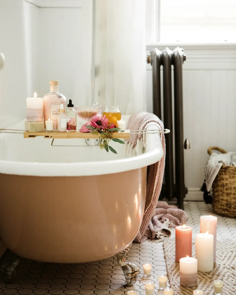 Baignoire ancienne entourée de bougies et de fleurs, ambiance apaisante d'un soin bien-être en Martinique